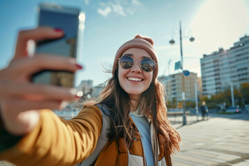 A young social media influencer travel blogger with a camera in an urban city smiling at the camera recording or taking a selfie.