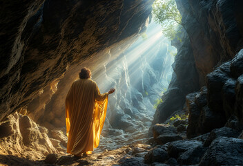 Man dressed in an orange robe with his back towards the camera, praying with hand raised toward the light that enters the cave like rays from heaven, depiction of prophet or saint in a cave.Copy space - obrazy, fototapety, plakaty