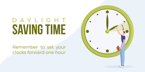 Daylight saving time begins. Spring forward web banner, poster. Vector illustration with man with bouquet of flowers in hand turning clock hour ahead. - obrazy, fototapety, plakaty