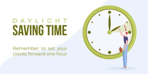 Foto op Canvas Daylight saving time begins. Spring forward web banner, poster. Vector illustration with man with bouquet of flowers in hand turning clock hour ahead. © MURAVAdesign