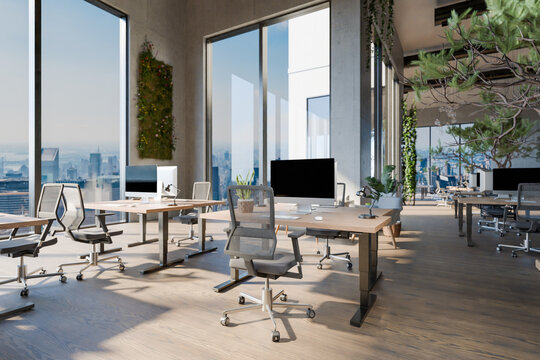 large innovative open space office with tech industry workplaces and greenery; environment friendly contemporary building; 3D rendering