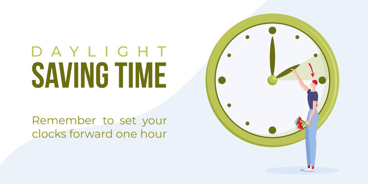 Daylight saving time begins. Spring forward web banner, poster. Vector illustration with man with bouquet of flowers in hand turning clock hour ahead.