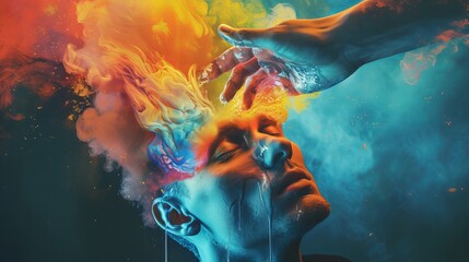 Vivid Imagination Flow: Surreal Portrait of Man with Colorful Smoke Emanating from HeadVivid Imagination Flow: Surreal Portrait of Man with Colorful Smoke Emanating from Head