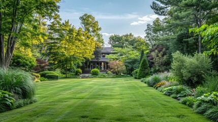 Fototapeta na wymiar Beautiful Garden with a Freshly Mowed Lawn