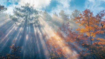 beauty sun rays,autumn forest natural background suitable for desktops