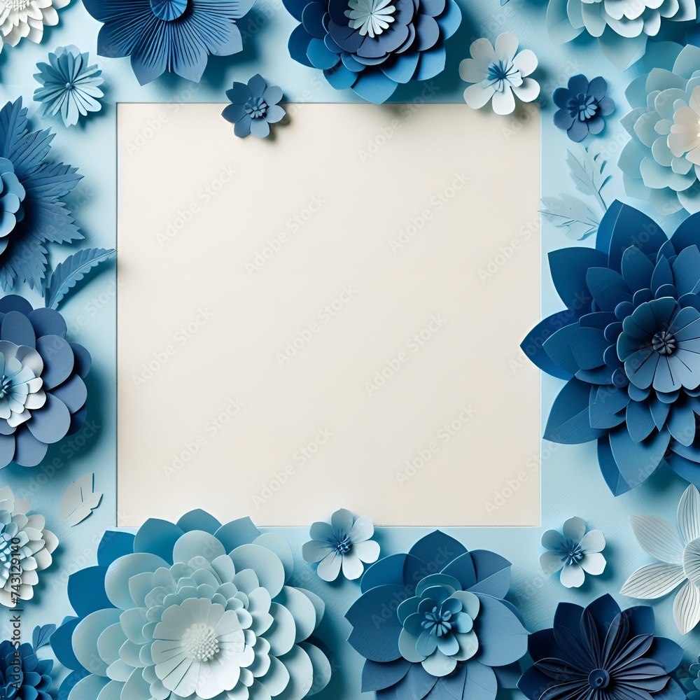 Wall mural Floral botanical flower. Frame border ornament square. Aquarelle wildflower for background, texture, wrapper pattern, frame or border. Background of blue paper flowers with room for text. - Wall murals