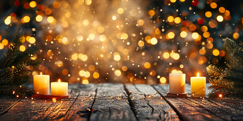 Christmas gold holiday background with wooden table