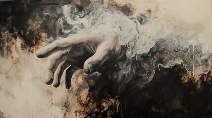 Monochrome Surreal Art of Hands Emerging from Smoke and Abstract Textures on Canvas