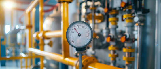 Close-up of pressure gauge in industrial setting with yellow piping. - obrazy, fototapety, plakaty
