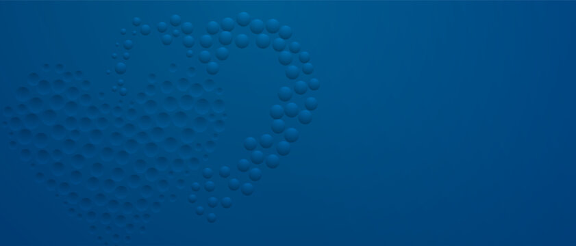 Abstract background in blue colors with many convex and concave small circles, arranged in a heart shape