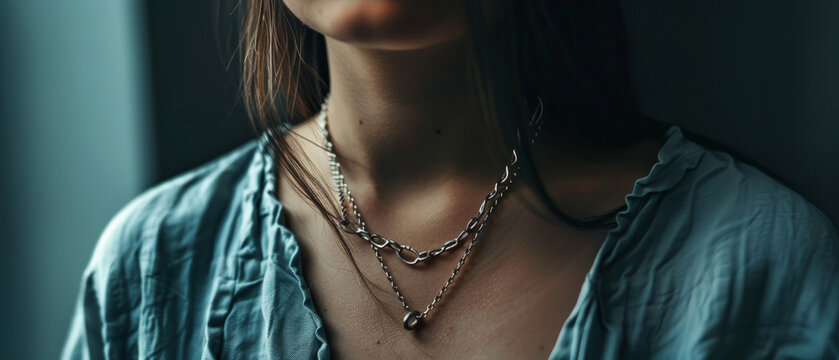 Close-up of layered necklaces on a young woman, symbolizing personal style.