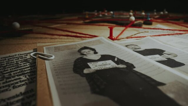 Close-up macro dolly shot detective investigation board, investigative evidence corkboard with suspects photos, male female mugshots, newspaper articles connected with threads on cork world map