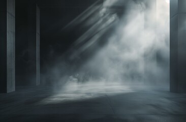 Mysterious Fog and Sunrays in a Dark Concrete Industrial Interior