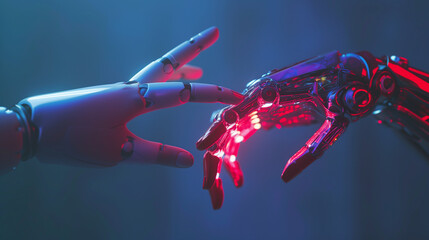 Futuristic Humanoid Robot Hands Touching with Glowing Red Circuitry