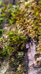 A tree trunk with moss on it and a sky background
