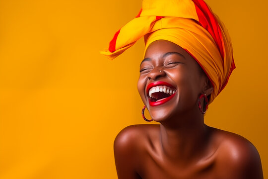 A woman with a vibrant smile, wearing a colorful head wrap and bold red lipstick, laughs heartily against a sunny yellow background. Joy and vibrancy, beauty, happiness, and cultural fashion.