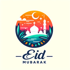 Minimal Eid Mubarak emblem, simple yet elegant, vivid hues, showcasing "Eid Mubarek" text
