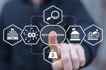 Man using virtual screen clicks text: RESTRUCTURING. Restructuring business and making company profitable concept. From loss to success. Avoid losses, make a profit. Increase efficiency, reduce costs.