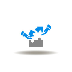 Vector illustration of puzzle pieces with hands. Icon of team building and collaboration. Symbol of teamwork and brainstorming.