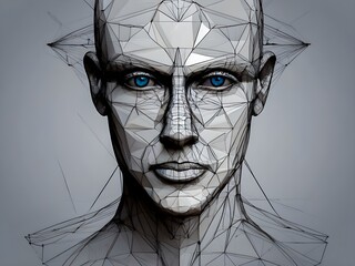 beauty of geometric artistry with unique depiction of a man's head constructed entirely of triangles and polygons. 