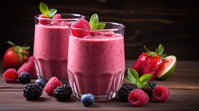 Smoothies of ripe fruits and berries on the table. A refreshing refreshing drink, a delicious snack and breakfast. A healthy organic drink. Proper nutrition and diet.