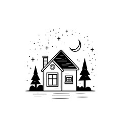Garden house icon, single storey house, tree decorations, moon and stars, vector, illustrator