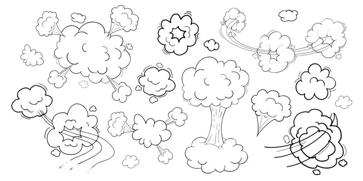 Comic motion effect, clouds speed way, trail set fast wind swirl, puff poof elements isolated on white background. Blow explosion