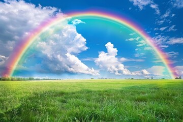 Vibrant rainbow arcs over lush green meadow and azure sky, Generative AI