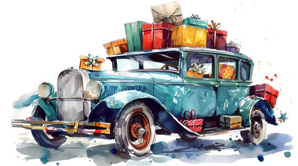 Watercolor painting of a classic vehicle adorned with gifts on top