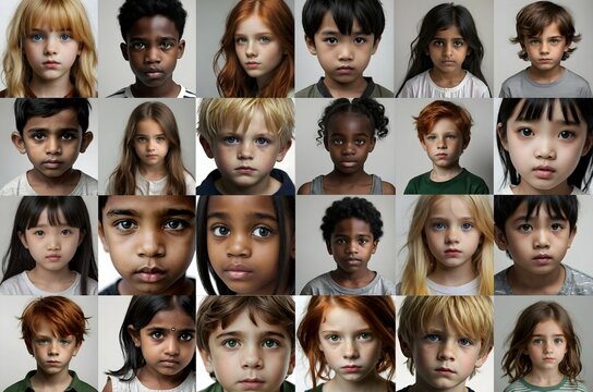 Collage of different cute children on white and gray background. Generative AI