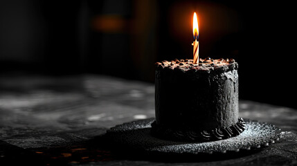 back and white Birthday cake with color only on candle on black background.  With area for text to the left.