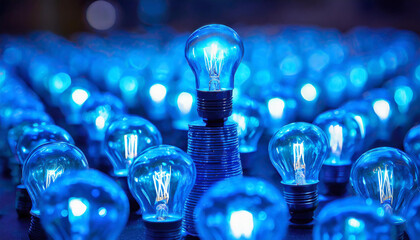 the stack of glowing blue light bulbs is not optimal, energy saving symbol or low power - obrazy, fototapety, plakaty