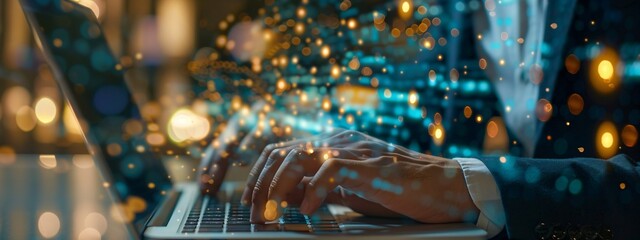 Business man typing on laptop gold flare