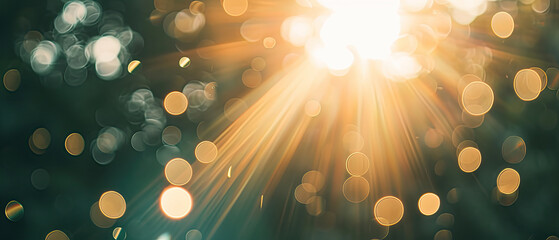 abstract bokeh background with lens flares particles and light rays. Yellow and green.
