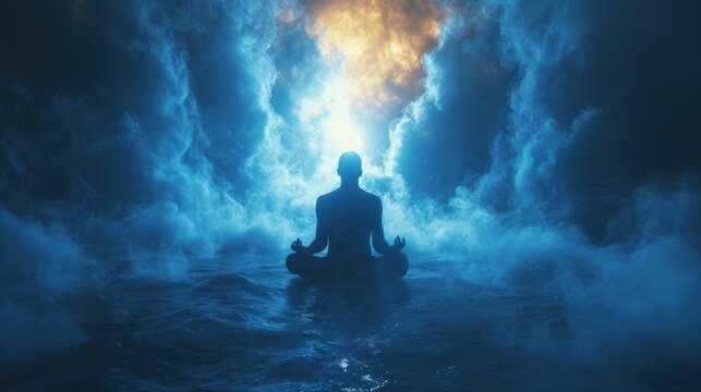 Ascend into Serenity: Meditative Pose Amidst Cosmic Fog