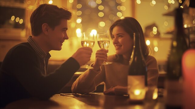 Couple enjoying a romantic candlelit dinner with a toast of champagne