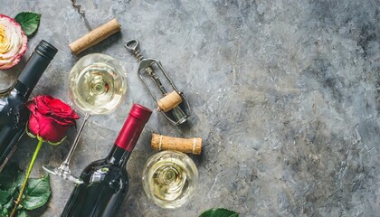 flat lay of red rose and white wine in glasses and corkscrews over grey concrete background top view copy space wine bar winery wine degustation concept