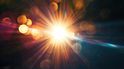 abstract bokeh background with orange particles and light rays and a blue lens flare.