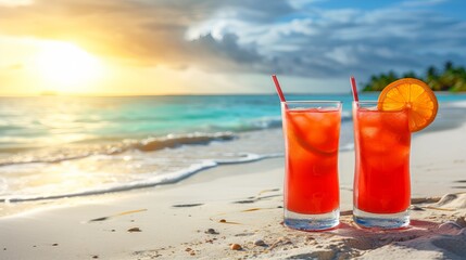 Obraz premium Man enjoying long island iced tea on paradise beach during warm sunny summer day