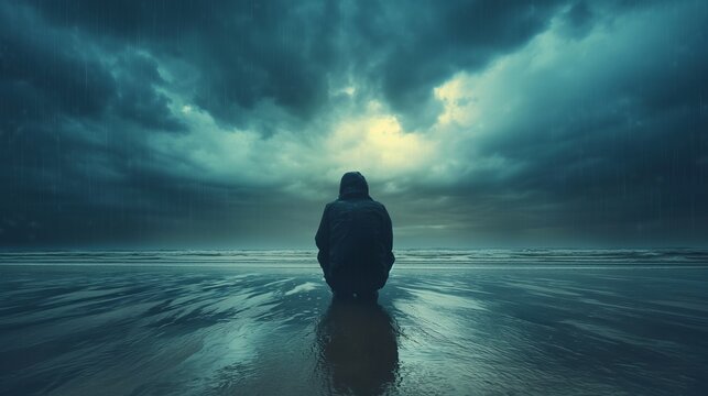 A solitary figure sits on a beach under stormy skies, reflecting a mood of contemplation