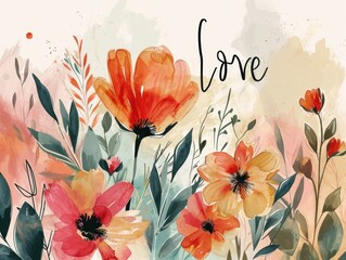 Minimalistic yet romantic illustration, showcasing soft flowers and the word 'Love.' Valentine's day, wedding card, greeting card, watercolor illustration.