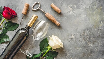 Obraz na płótnie Canvas flat lay of red rose and white wine in glasses and corkscrews over grey concrete background top view copy space wine bar winery wine degustation concept