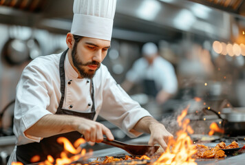 Chef attentively grilling food with fire in a kitchen - obrazy, fototapety, plakaty