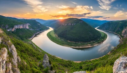 panoramic sunset view with one of most picturesque meander of arda river near kardzhali rodopi mountains in bulgaria