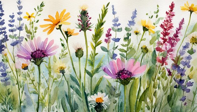 hand painted watercolor meadow herbs and flowers