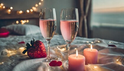 pink shining champagne glasses and burning candles as hearts on bed cloth lifestyle aesthetic photo star filter valentine s day love concept romance meeting sparkling wine in wineglasses