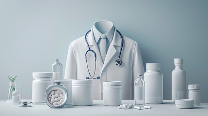 doctor coat  with stethoscope, pills, pill bottles and plants.. Healthcare and Alternative Medicine.