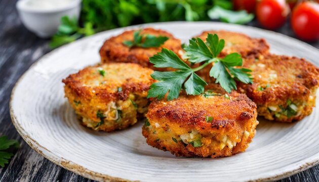 freshly made delicious fried crab cakes with vegetables parsley served on a plate traditional food of american cuisine whole food balanced diet concept