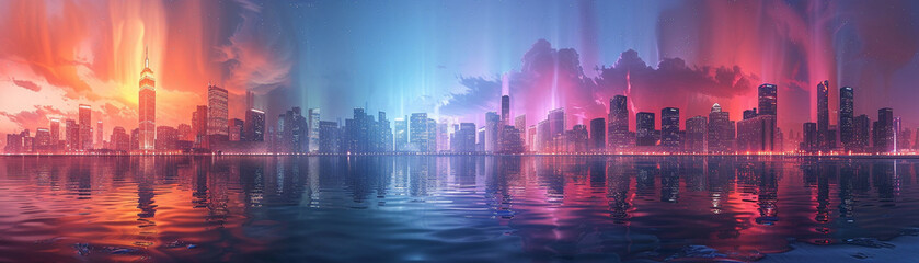 A futuristic city skyline at sunset with reflections on water