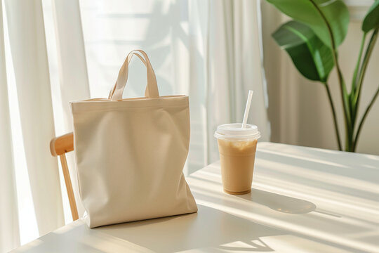 Cheerful Chic Minimalist Tote Canvas Mockup with Iced Coffee in a Home Scene